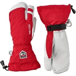 Hestra Army Leather Heli Ski, 3-finger Ski Gloves, Red